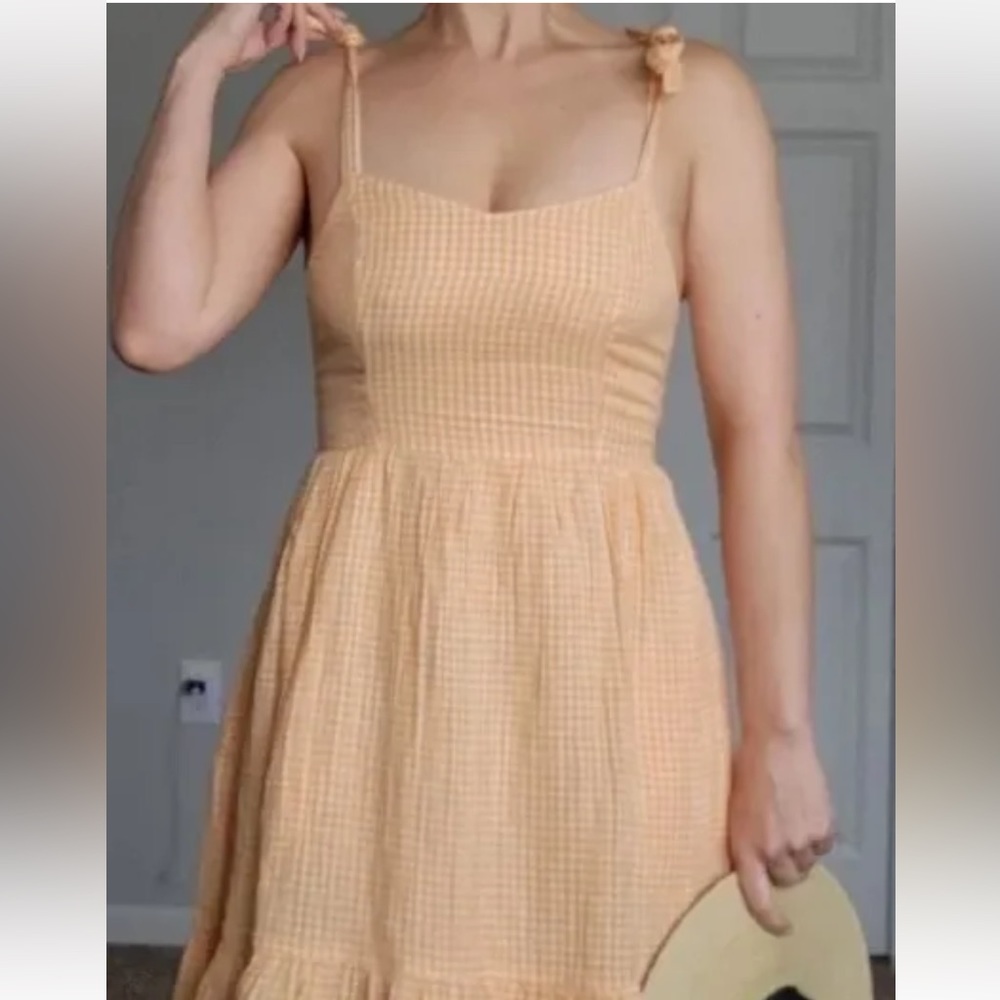 Old Navy Orange Yellow Gingham Dress with Smocked back and Tie Straps